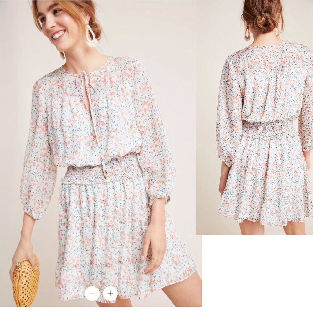 Anthropologie Shoshanna Bonnie‎ Silk Mini Dress Size 4 White Floral Peasant